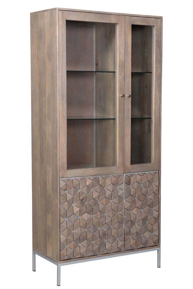 Vitrine WZ-0149 Mangoholz massiv Metall Natur Silber 2 Türen Schrank Highboard