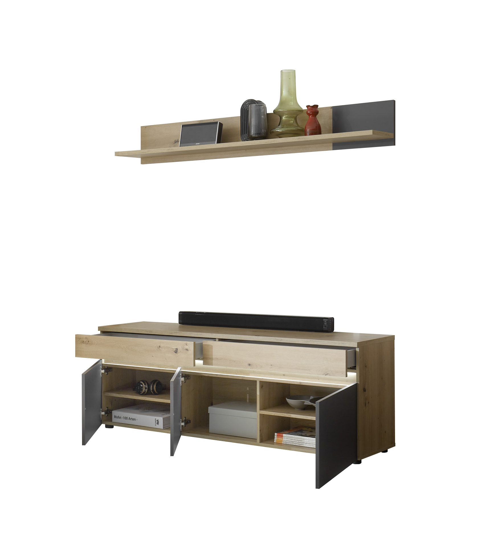 Lowboard und Wandboard Lille TV-Board Schrank Wandregal Regal Wohnzimmer