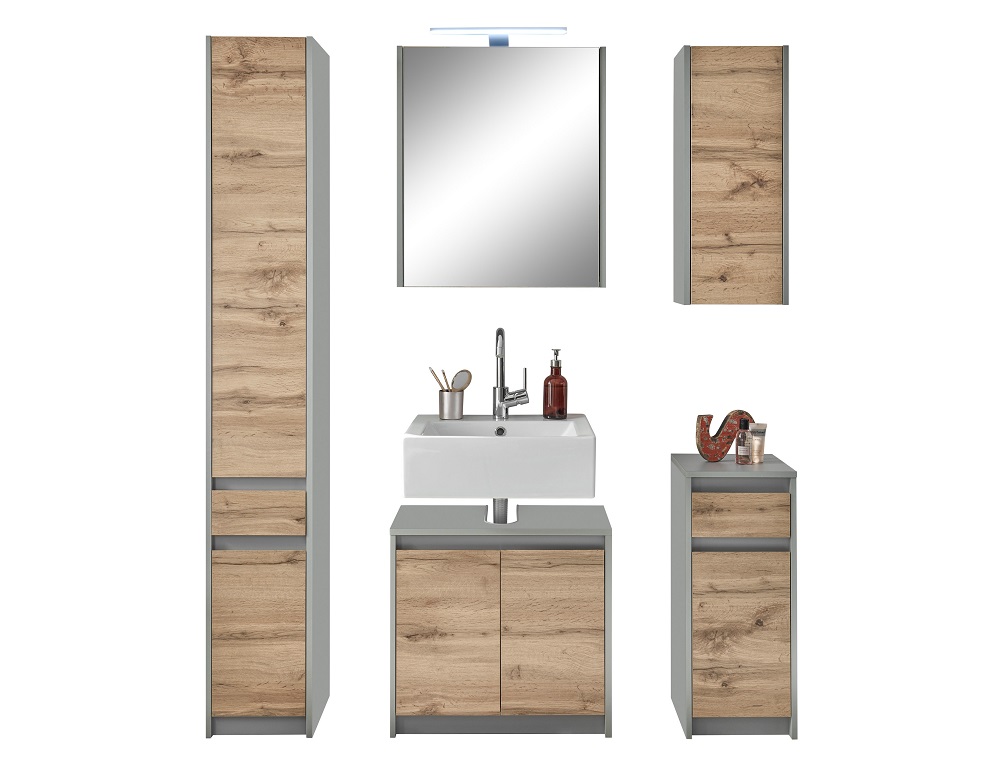 Hochschrank Box Grau Wildeiche Schrank Badezimmerschrank Gäste WC Badmöbel Hochschrank Box Grau Wildeiche Schrank Badezimmerschrank Gäste WC Badmöbel