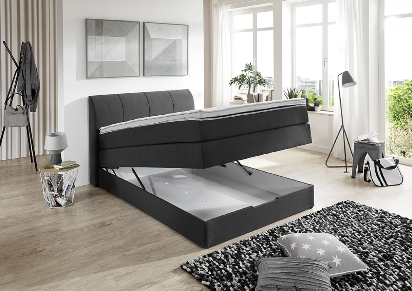 Boxspringbett BX 1440 Anthrazit Stoff Mit Kopfteil Mit Topper Bett Hotelbett 120x200