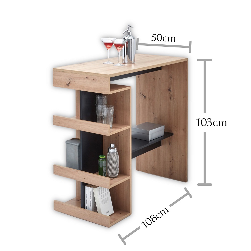 Bartisch, Esstisch, Tisch mit Ablage, Barmöbel, Tresentisch Smash Artisan Eiche und Schwarz Regalfächer