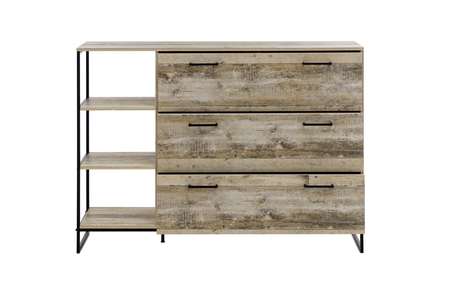 Kommode Roof Old Style Hell Schwarz MDF Metall 3 Schubkästen 3 Fächer Anrichte Sideboard