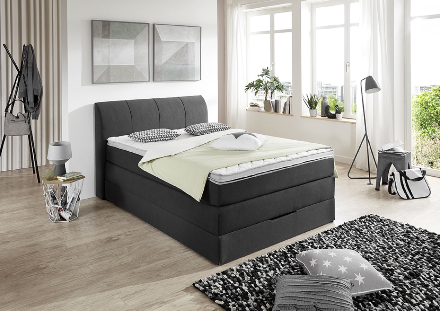 Boxspringbett BX 1440 Anthrazit Stoff Mit Kopfteil Mit Topper Bett Hotelbett 120x200