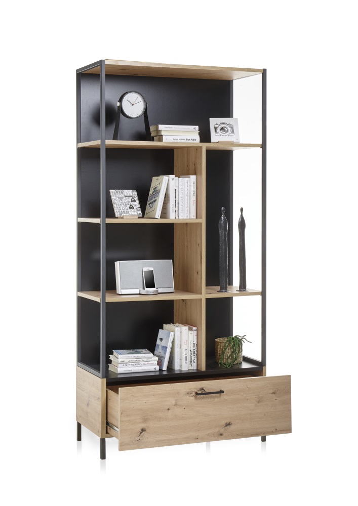 Regal Lucas Artisan Eiche Nb. Schwarz 1 Schubkasten 6 Fächer Standregal Highboard MDF