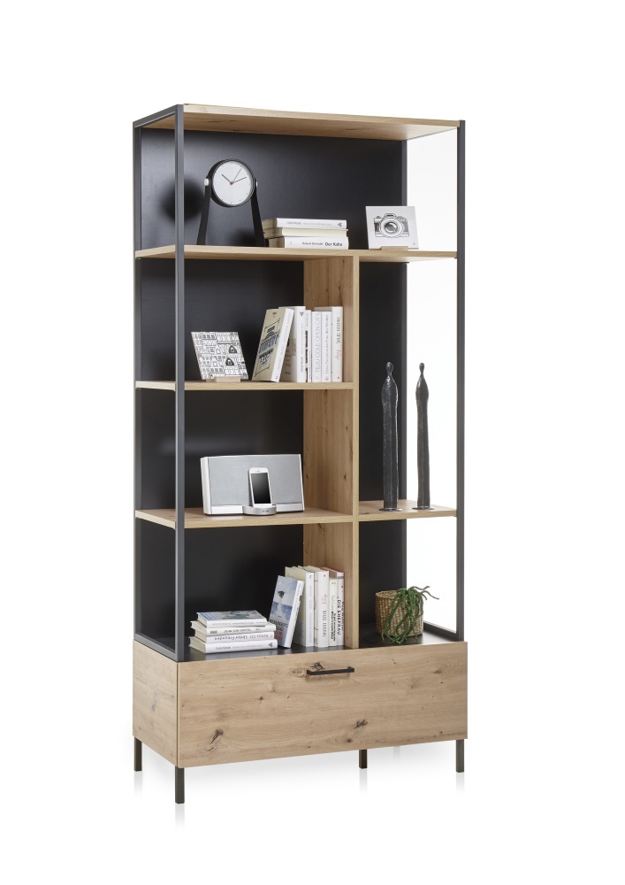 Regal Lucas Artisan Eiche Nb. Schwarz 1 Schubkasten 6 Fächer Standregal Highboard MDF