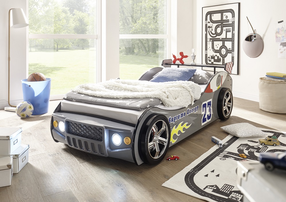 Rennautobett Energy Silber Bett Schlafgelegenheit Rennauto Autobett Auto mit Licht