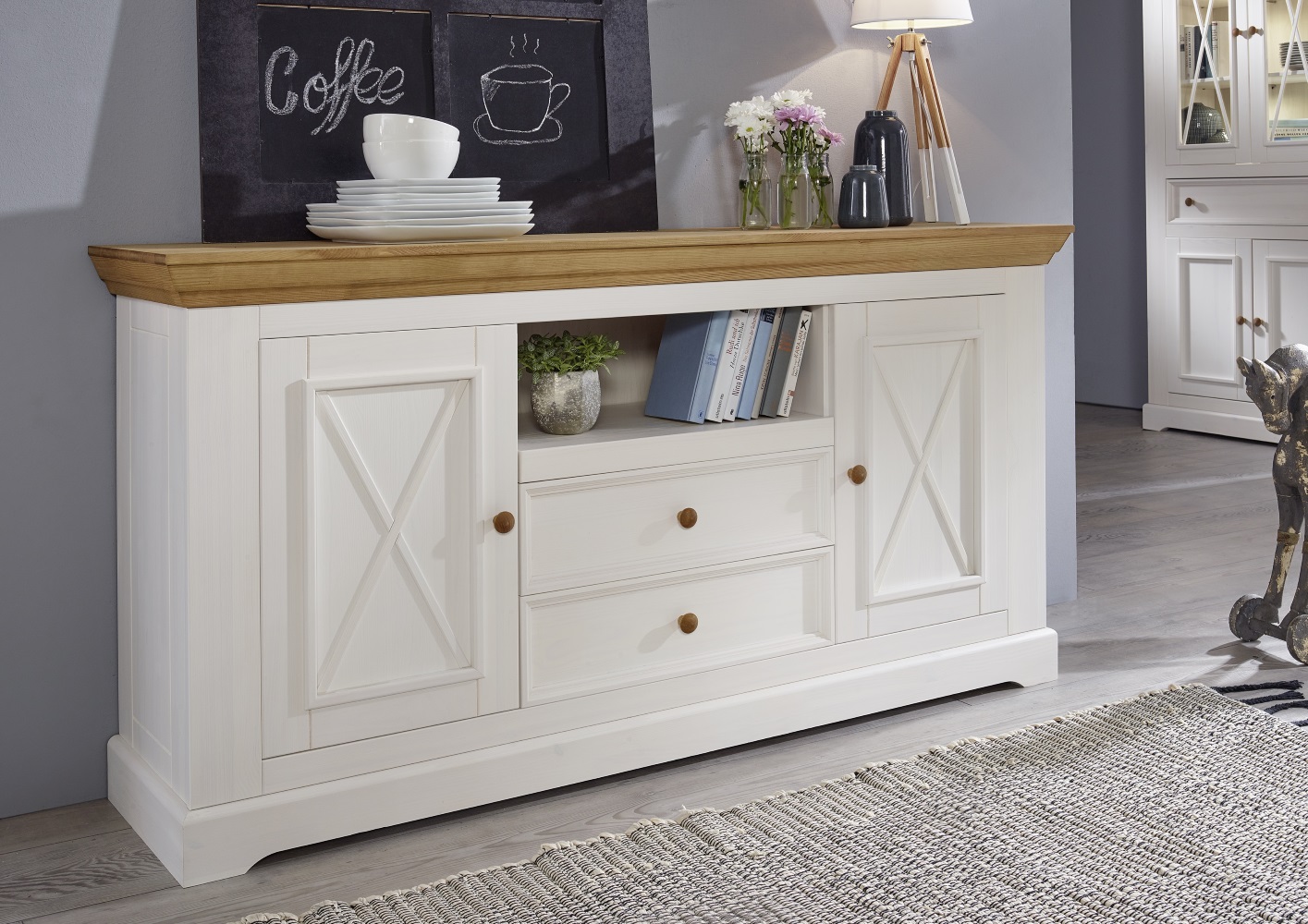 Sideboard II WZ-0133 Weiß Eichefarbig Kiefer Massiv Anrichte Kommode Schrank Wohnzimmermöbel