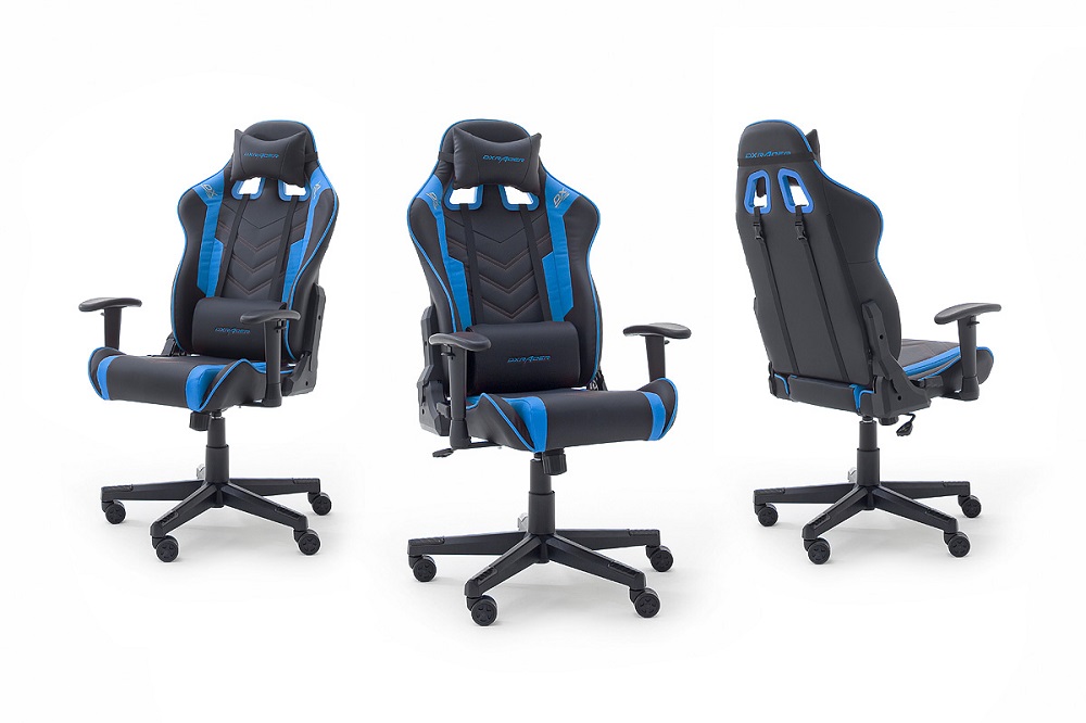 Gamingstuhl DX-Racer Schwarz-Blau mit Kissen höhenverstellbar Kunstleder Bürostuhl Gaslift