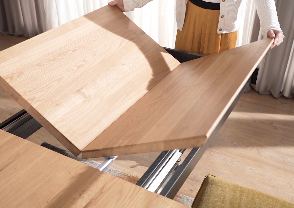 Tisch TI-0595 Eiche Massivholz Metallgestell Schweizer Kante Butterfly Auszug 180-265 cm