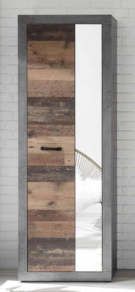 Hochschrank Indiana 2-türig mit Spiegel Betonoxid Old Wood Garderobe Hochschrank Indiana 2-türig mit Spiegel Betonoxid Old Wood Garderobe