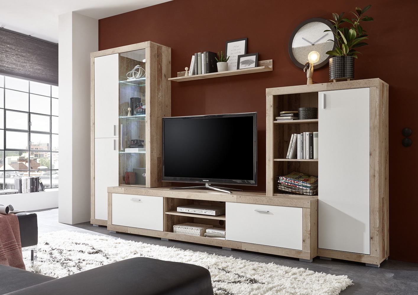 Anbauwand Luna Old Style Hell Weiß 4-teilig inkl. Beleuchtung MDF Wohnwand Schrankwand Medienwand