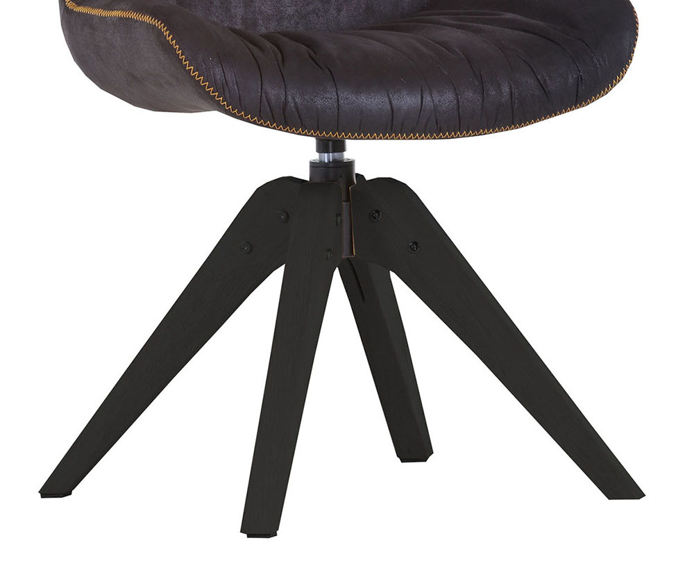 Stuhl Iggy Vintage Lederlook schwarz Gestell Eiche schwarz lackiert 360° drehbar mit gelber Zick-Zack Naht