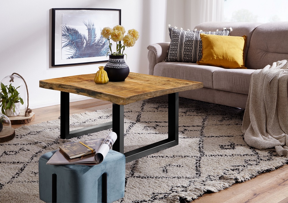 Couchtisch Mango Massivholz Baumkante Stubentisch Fuß Schwarz 80 x 45 x 80 cm
