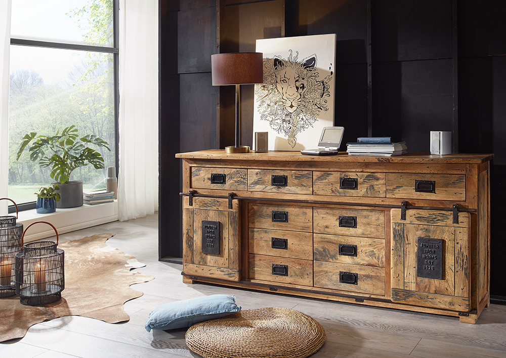 Sideboard IV WZ-0480 Mango massiv Eisen rustikal Kommode Anrichte Schrank Wohnzimmermöbel