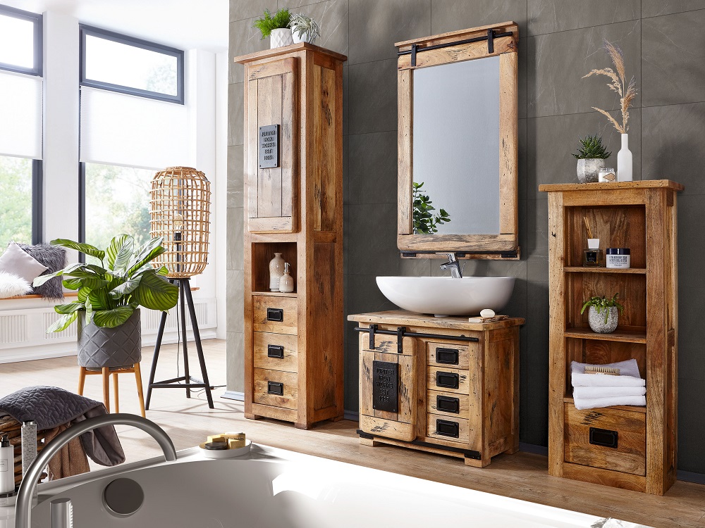 Standregal BA-0480 Mango Massivholz Beschläge Eisen Badezimmermöbel Gäste WC Schrank