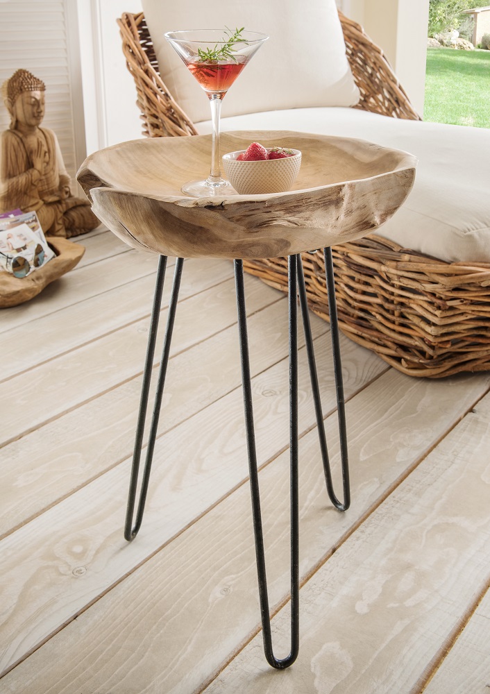 Beistelltisch Root runder Tisch  Natur Teakholz Metallgestell Couchtisch