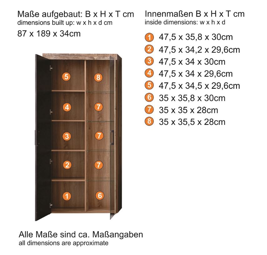 Tailor Indy Vitrine LED Glasschrank 2 Türen 5 Fächer Wohnzimmerschrank Glastür