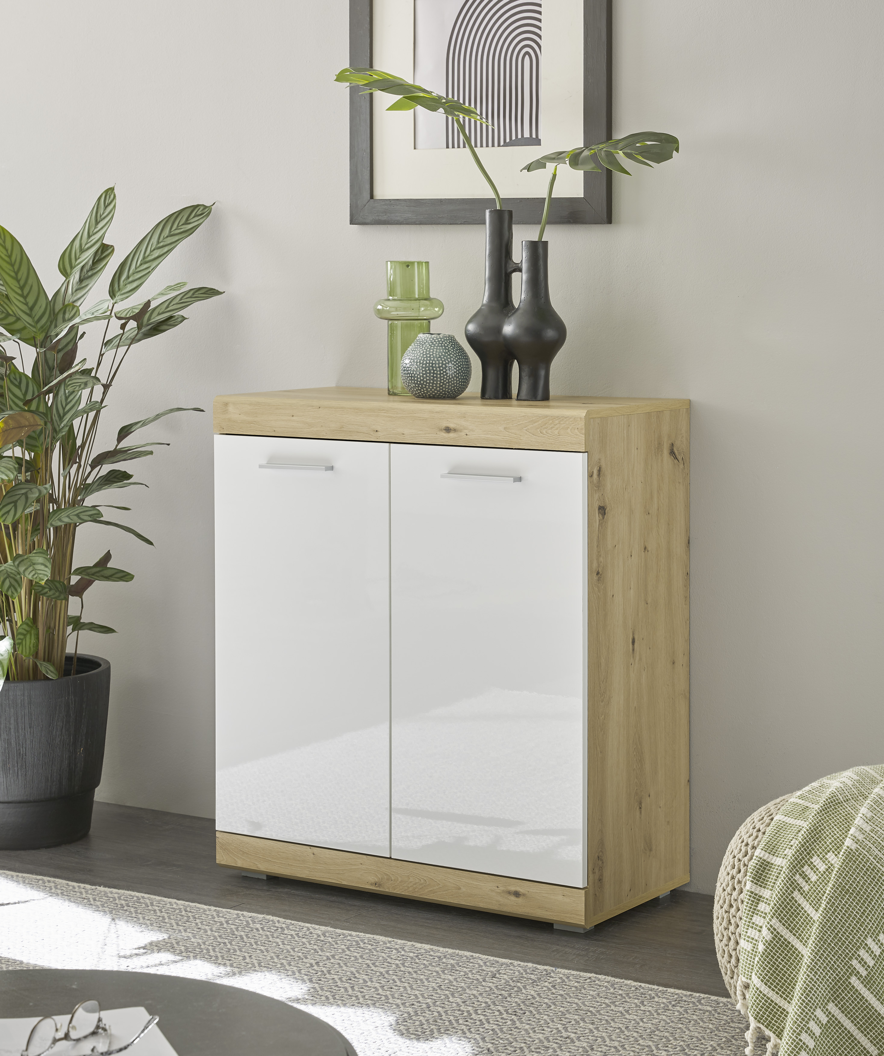 Kommode Nola Schrank Sideboard Wohnzimmerschrank Weiß/Eiche