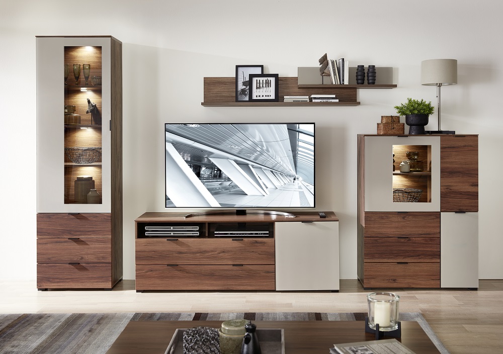 TV Wohnlösung Zeno Nussbaum Amber Basalt Satin Beleuchtung Wohnwand Anbauwand Schrankwand Medienwand