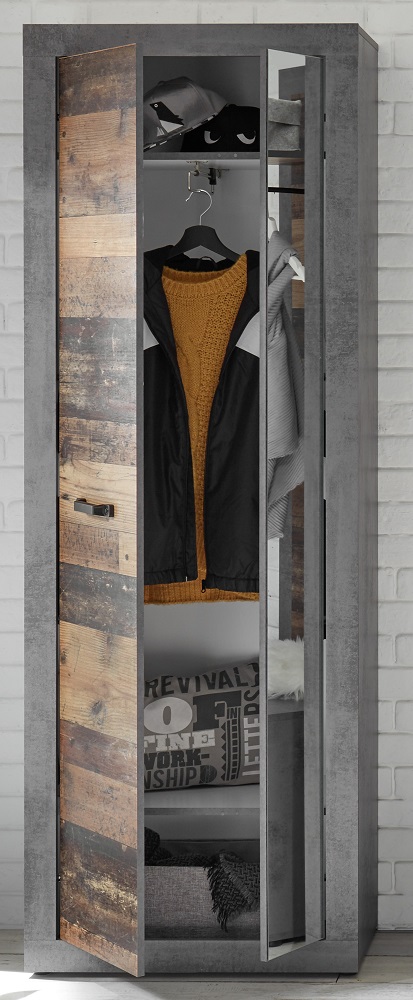 Hochschrank Indiana 2-türig mit Spiegel Betonoxid Old Wood Garderobe