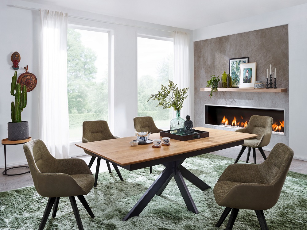Tisch TI-0595 Eiche Massivholz Metallgestell Schweizer Kante Butterfly Auszug 180-265 cm