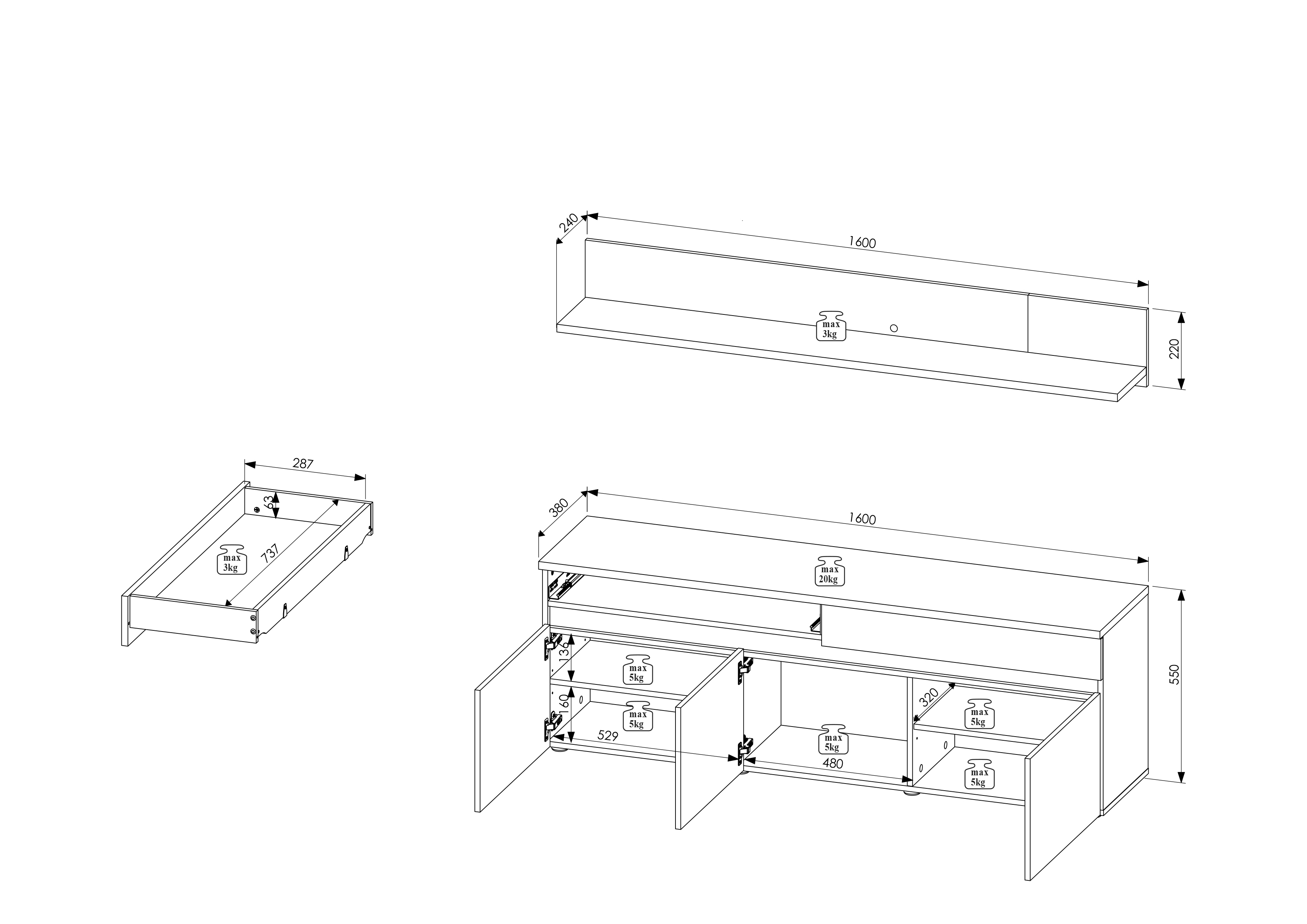 Lowboard und Wandboard Lille TV-Board Schrank Wandregal Regal Wohnzimmer