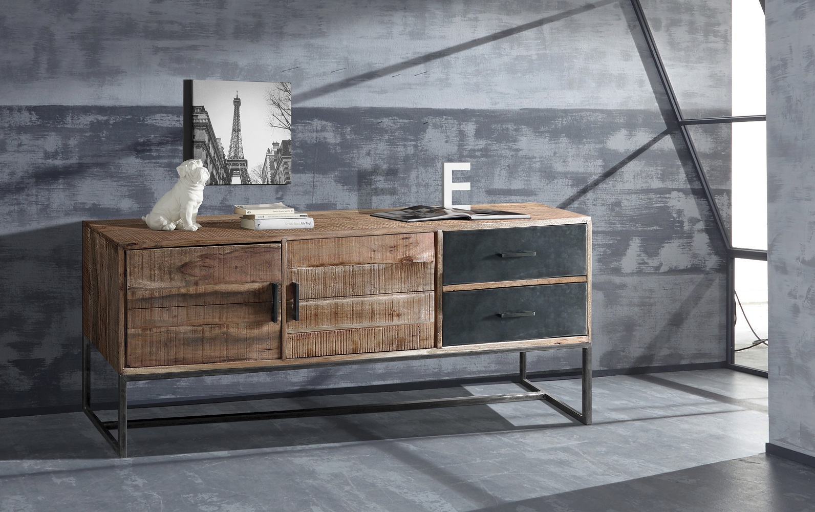 Kommode Spring 4699 Akazienholz Massiv Eisen 2 Türen 2 Schubladen Sideboard