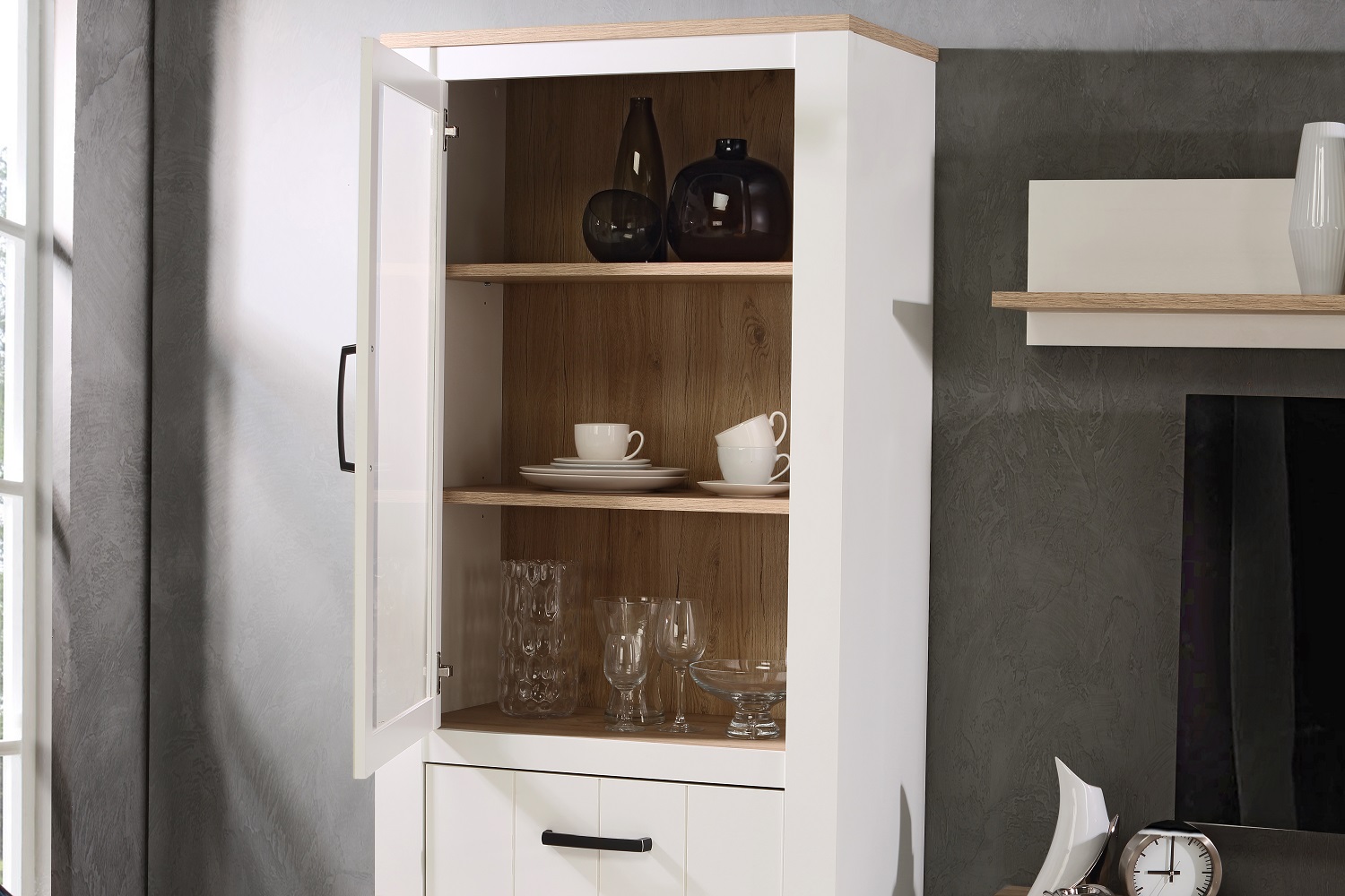 Vitrine Elara Weiß Matt Bianco Eiche Nb. Highboard Anrichte 1 Tür 1 Glastür