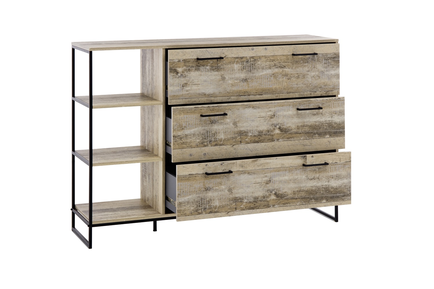 Kommode Roof Old Style Hell Schwarz MDF Metall 3 Schubkästen 3 Fächer Anrichte Sideboard