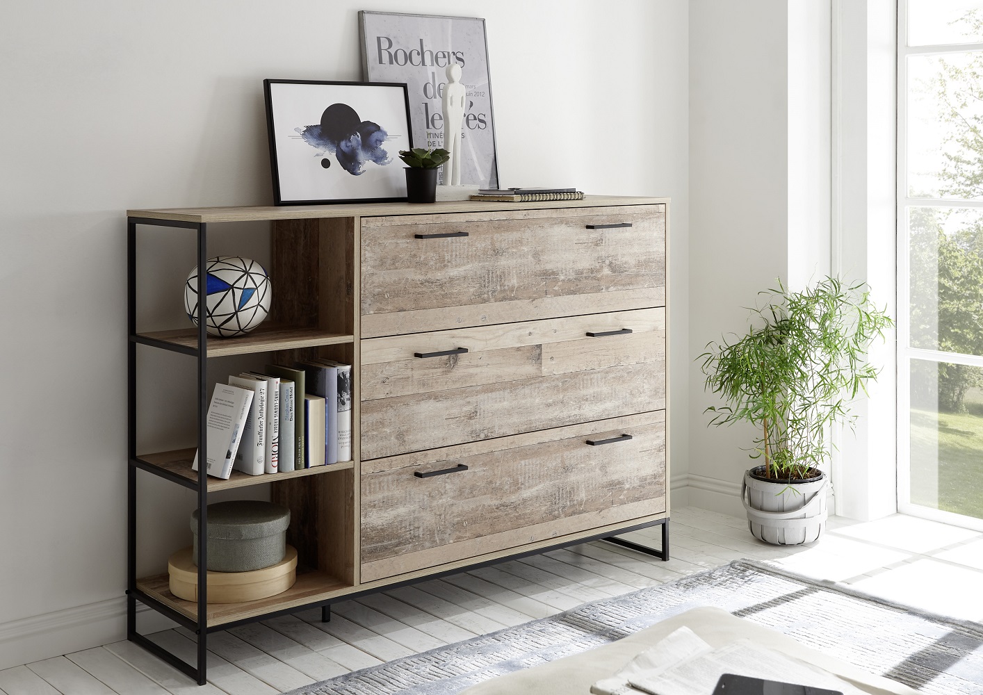 Kommode Roof Old Style Hell Schwarz MDF Metall 3 Schubkästen 3 Fächer Anrichte Sideboard