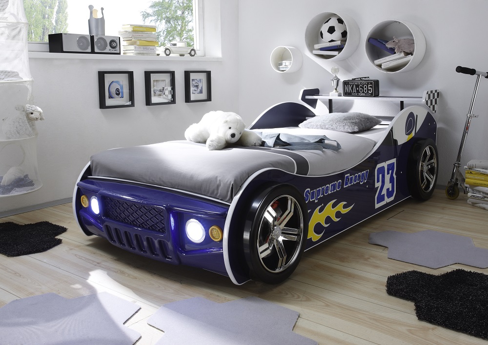 Rennautobett Energy Blau Bett Schlafgelegenheit Rennauto Autobett Auto mit Licht