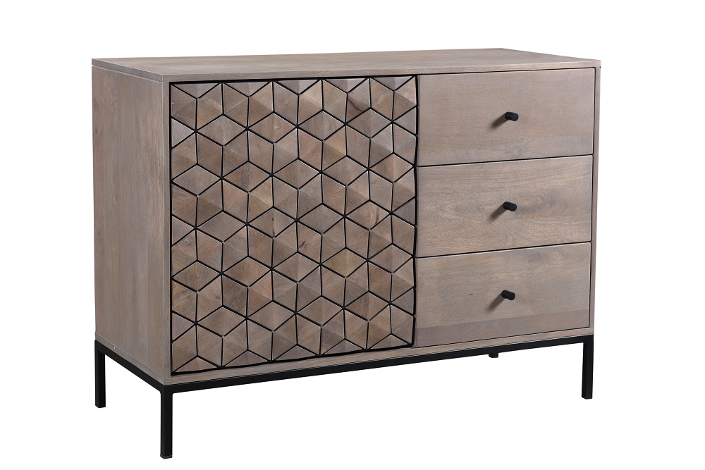 Sideboard WZ-0149 Mangoholz massiv 1 Tür 3 Schubkästen Natur Metall Schrank