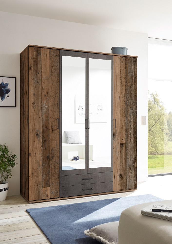 4 trg. Kleiderschrank Chicago Old Style Dunkel Beton Drehtürenschrank 2 Schubladen Spiegeltür 4 trg. Kleiderschrank Chicago Old Style Dunkel Beton Drehtürenschrank 2 Schubladen Spiegeltür