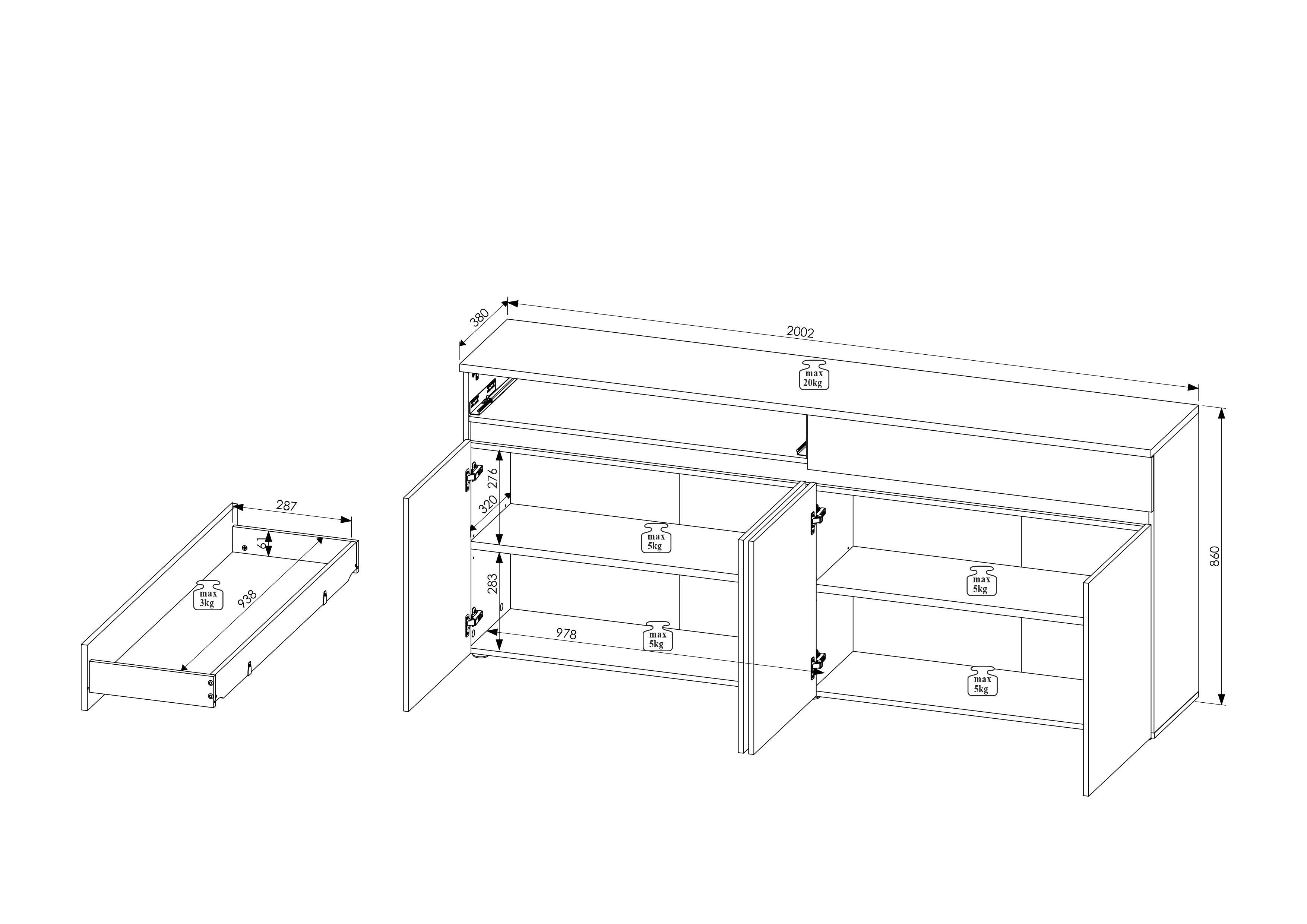 Sideboard Lille Kommode Schrank Wohnzimmerschrank Anrichte Flurkommode Beleuchtung