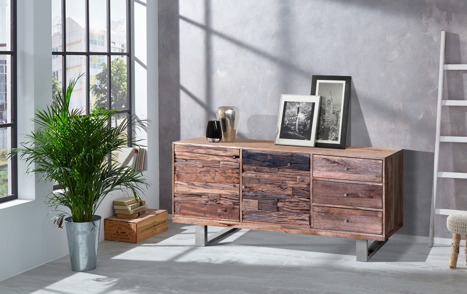 Kommode Sleeper 7201 Almond Silber Mangoholz Massiv Stahl Anrichte Sideboard