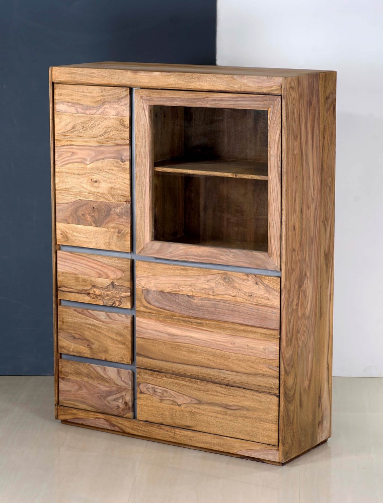 Highboard WZ-0316 Sheeshamholz Massiv Metall 1 Glastür 2 Holztüren 3 Schubkästen Highboard WZ-0316 Sheeshamholz Massiv Metall 1 Glastür 2 Holztüren 3 Schubkästen