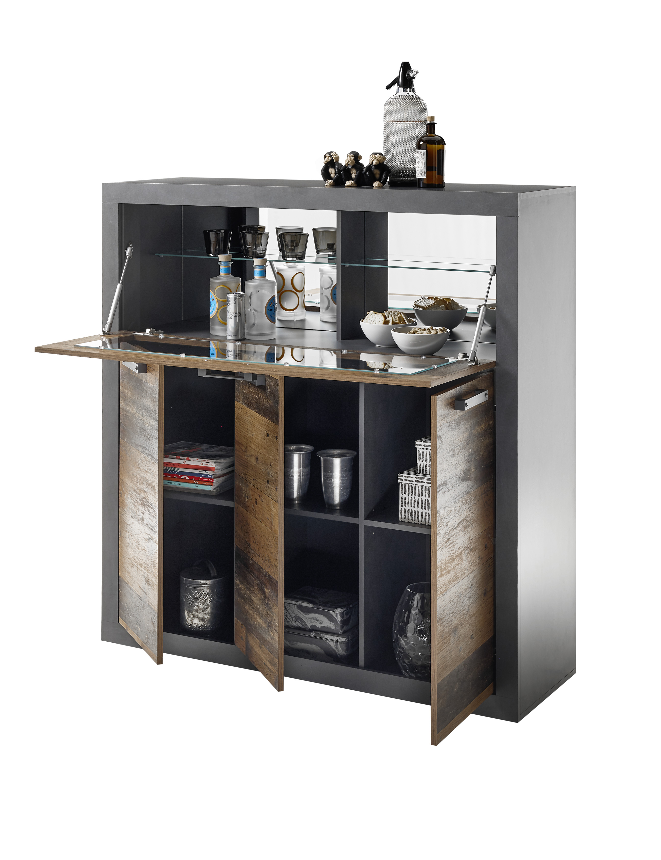 Barelement Jones Barschrank Schrank Bar Minibar Matera Old Anthrazit Beleuchtung Spiegel