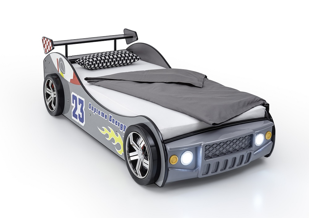 Rennautobett Energy Silber Bett Schlafgelegenheit Rennauto Autobett Auto mit Licht