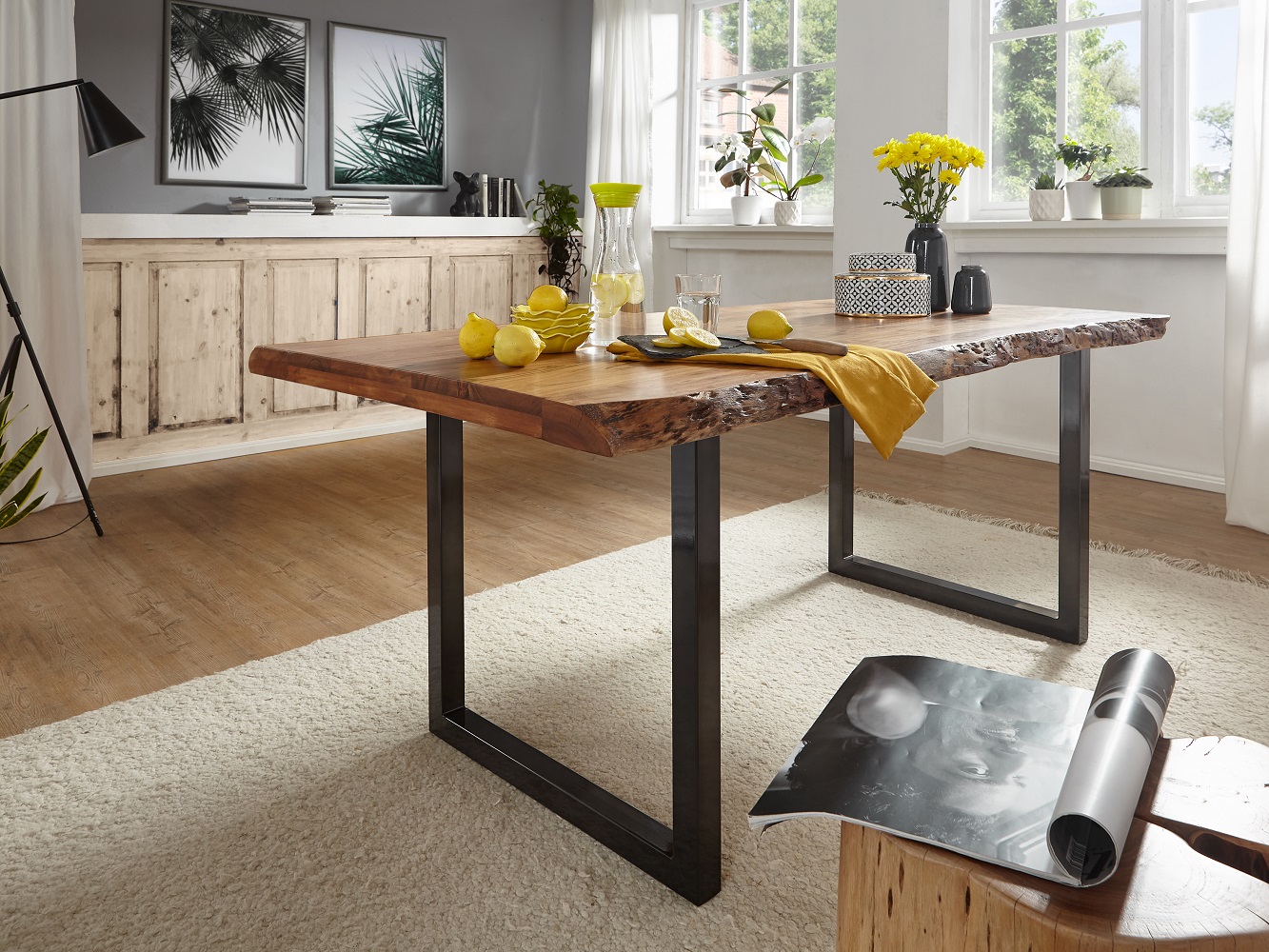 Esstisch TI-0481 200x90 cm Akazie Massiv Eisen Schwarz Natur U-Form Fuß Küchentisch Tisch Esszimmer