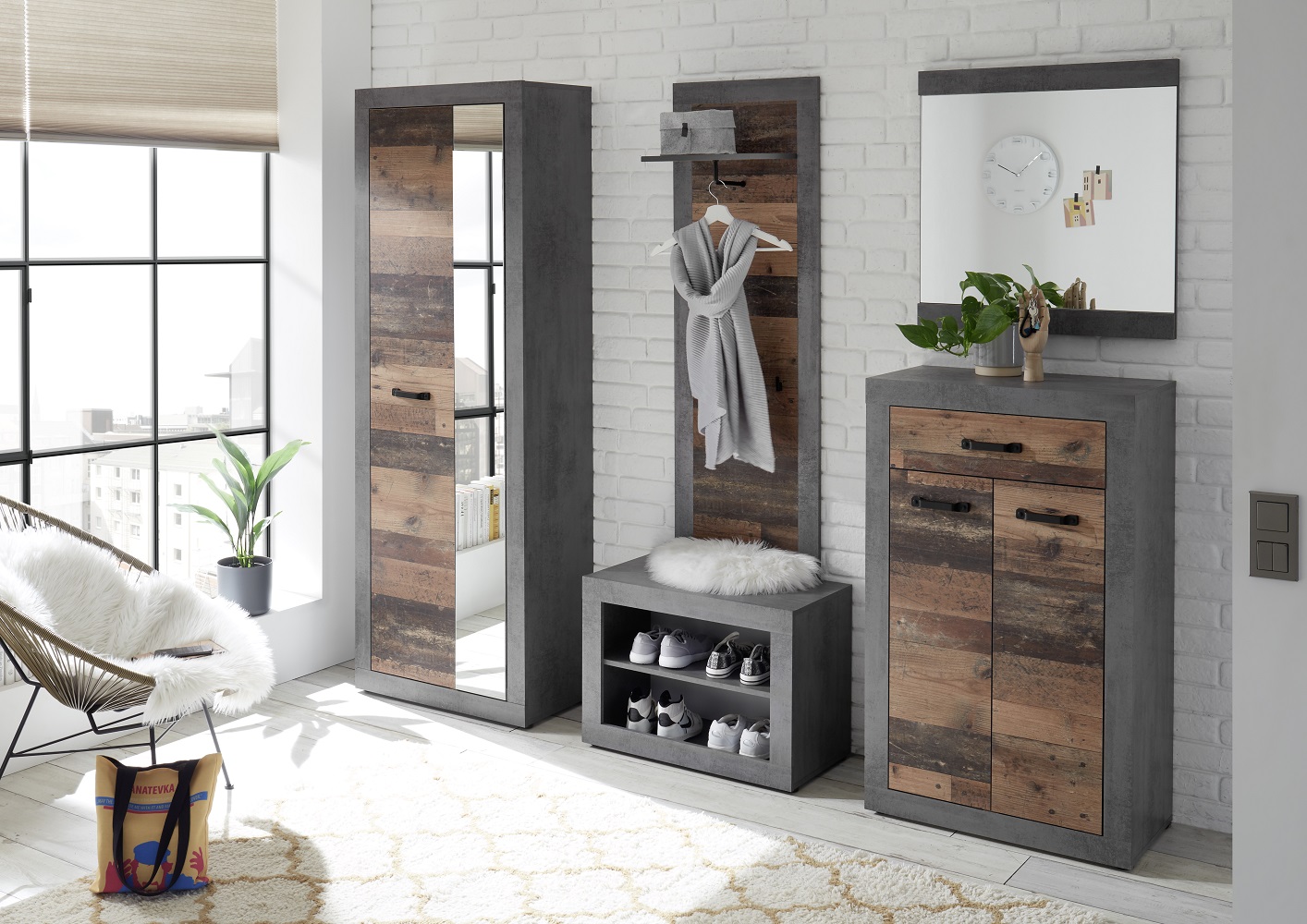 Hochschrank Indiana 2-türig mit Spiegel Betonoxid Old Wood Garderobe Hochschrank Indiana 2-türig mit Spiegel Betonoxid Old Wood Garderobe