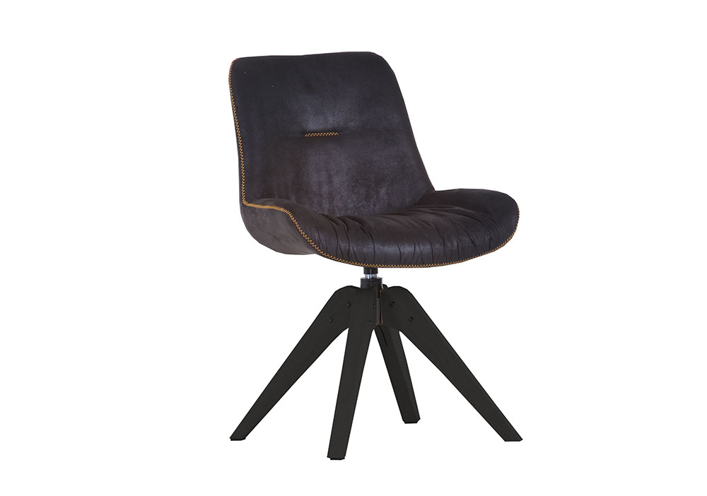 Stuhl Iggy Vintage Lederlook schwarz Gestell Eiche schwarz lackiert 360° drehbar mit gelber Zick-Zack Naht