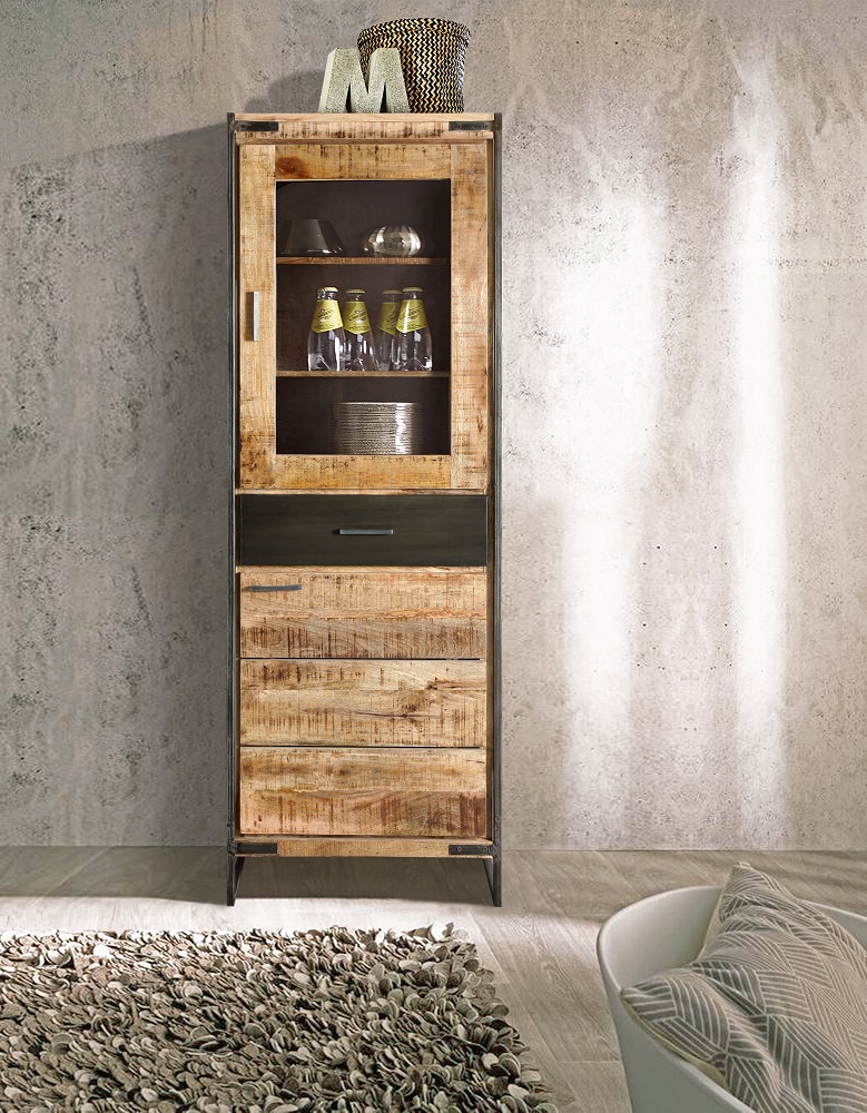 Mangoholz Vitrine Jepolo mit Schublade und Glasfenster