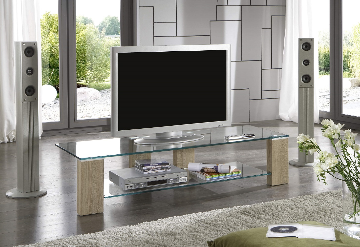 Phonotisch Look Fernsehtisch Sonoma Eiche Nb. Lowboard Sicherheitsglas TV-Rack