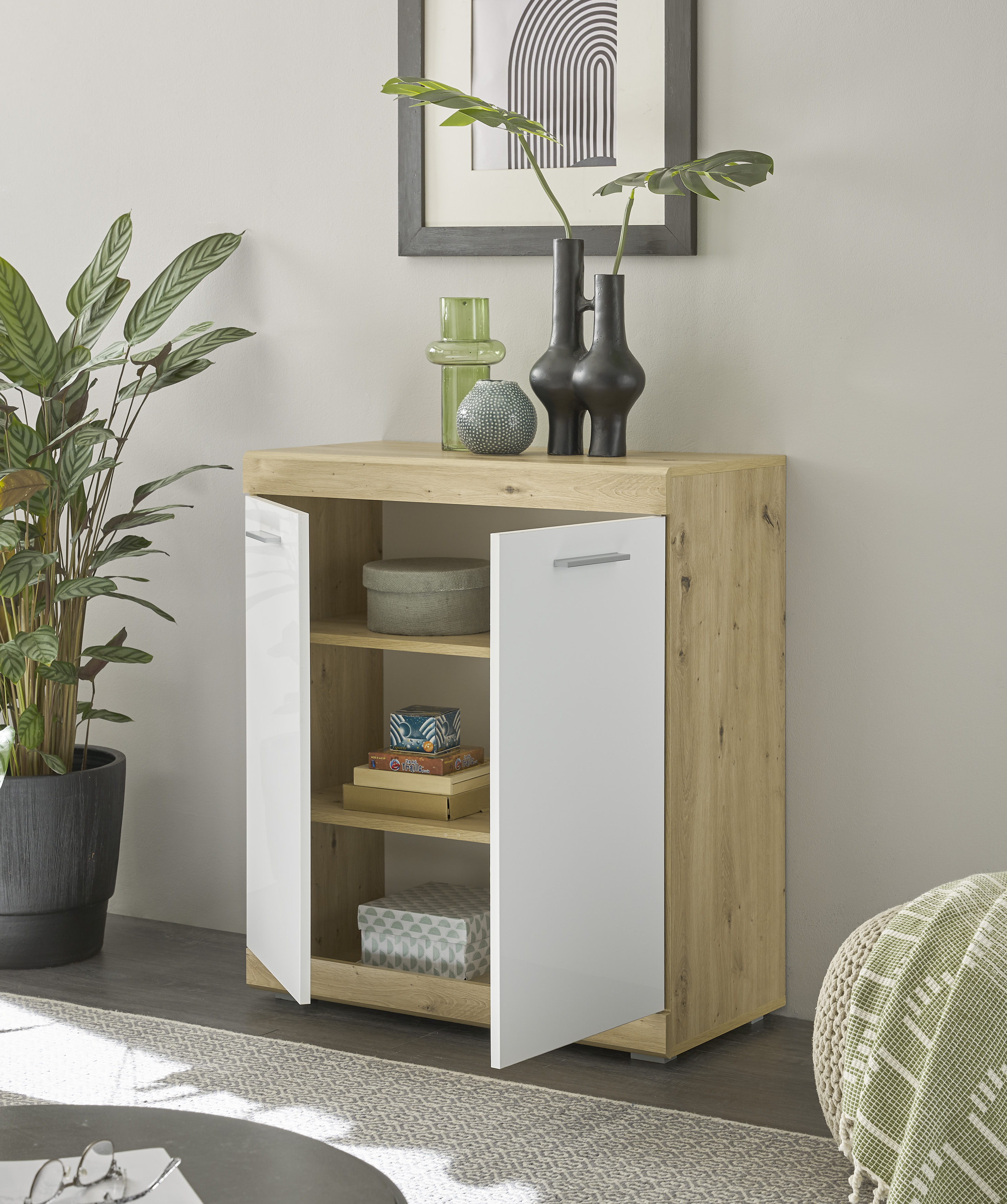 Kommode Nola Schrank Sideboard Wohnzimmerschrank Weiß/Eiche